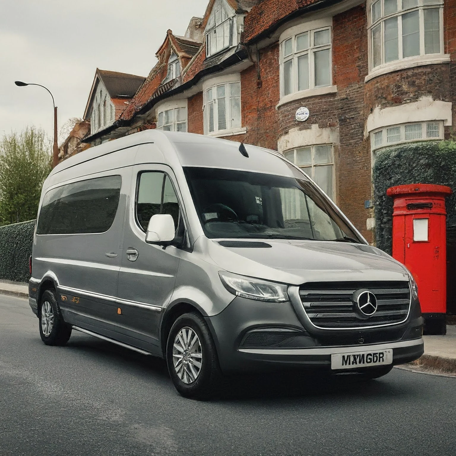 A sleek, modern 10-seater minibus hire parked on a quiet UK street with a red postbox and British signs in the background. Available for comfortable and reliable group transportation.